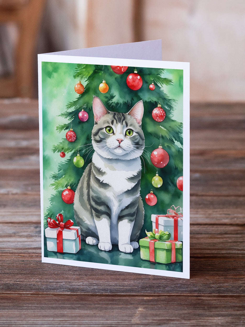 Korean Bobtail Cat By the Christmas Tree Greeting Cards Pack of 8 Blank Cards with Envelopes Whimsical A7 Size 5x7