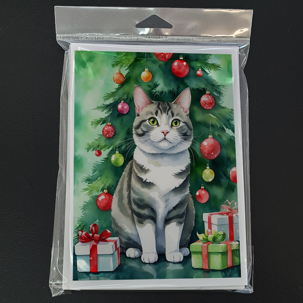 Korean Bobtail Cat By the Christmas Tree Greeting Cards Pack of 8 Blank Cards with Envelopes Whimsical A7 Size 5x7