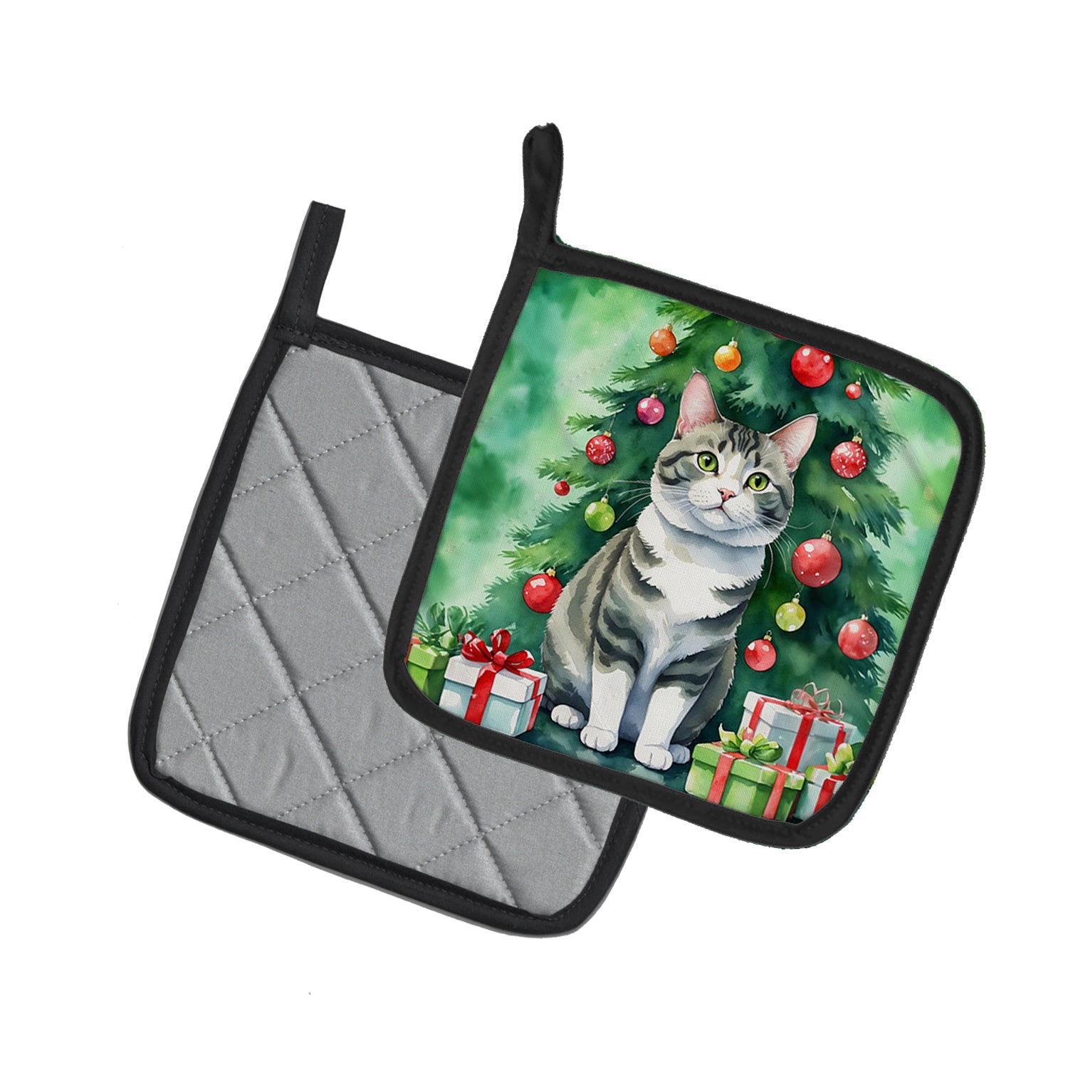 Korean Bobtail Cat By the Christmas Tree Pot Holder Set of 2 Heat Resistant Quilted Hot Pads 7.5 x 7.5 Inch, Insulated Kitchen Trivets for Cooking & Baking