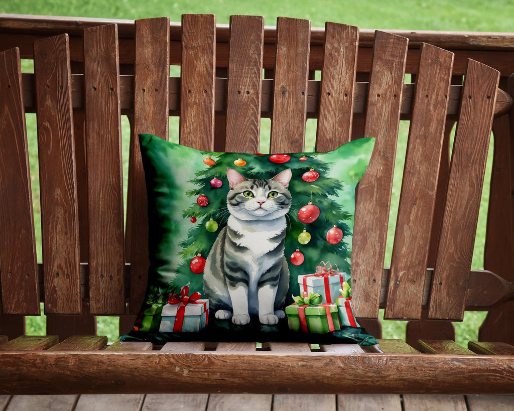 Korean Bobtail Cat By the Christmas Tree Decorative Throw Pillow 14x14 Indoor Outdoor Accent Cushion, Fabric Cover with Insert for Sofa, Bed, Porch & Living Room