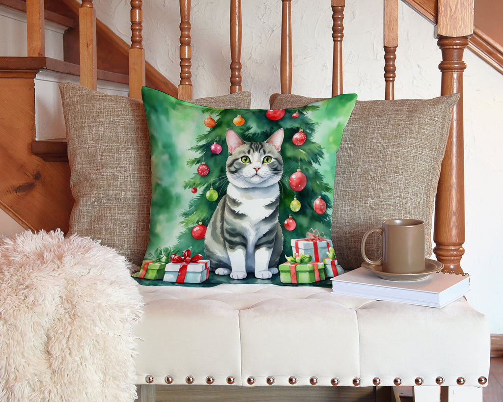 Korean Bobtail Cat By the Christmas Tree Decorative Throw Pillow 14x14 Indoor Outdoor Accent Cushion, Fabric Cover with Insert for Sofa, Bed, Porch & Living Room