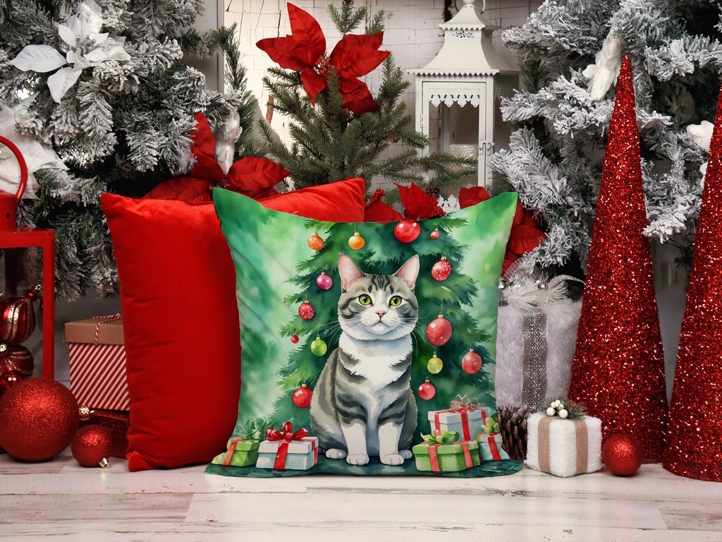 Korean Bobtail Cat By the Christmas Tree Decorative Throw Pillow 18x18 Indoor Outdoor Accent Cushion, Fabric Cover with Insert for Sofa, Bed, Porch & Living Room