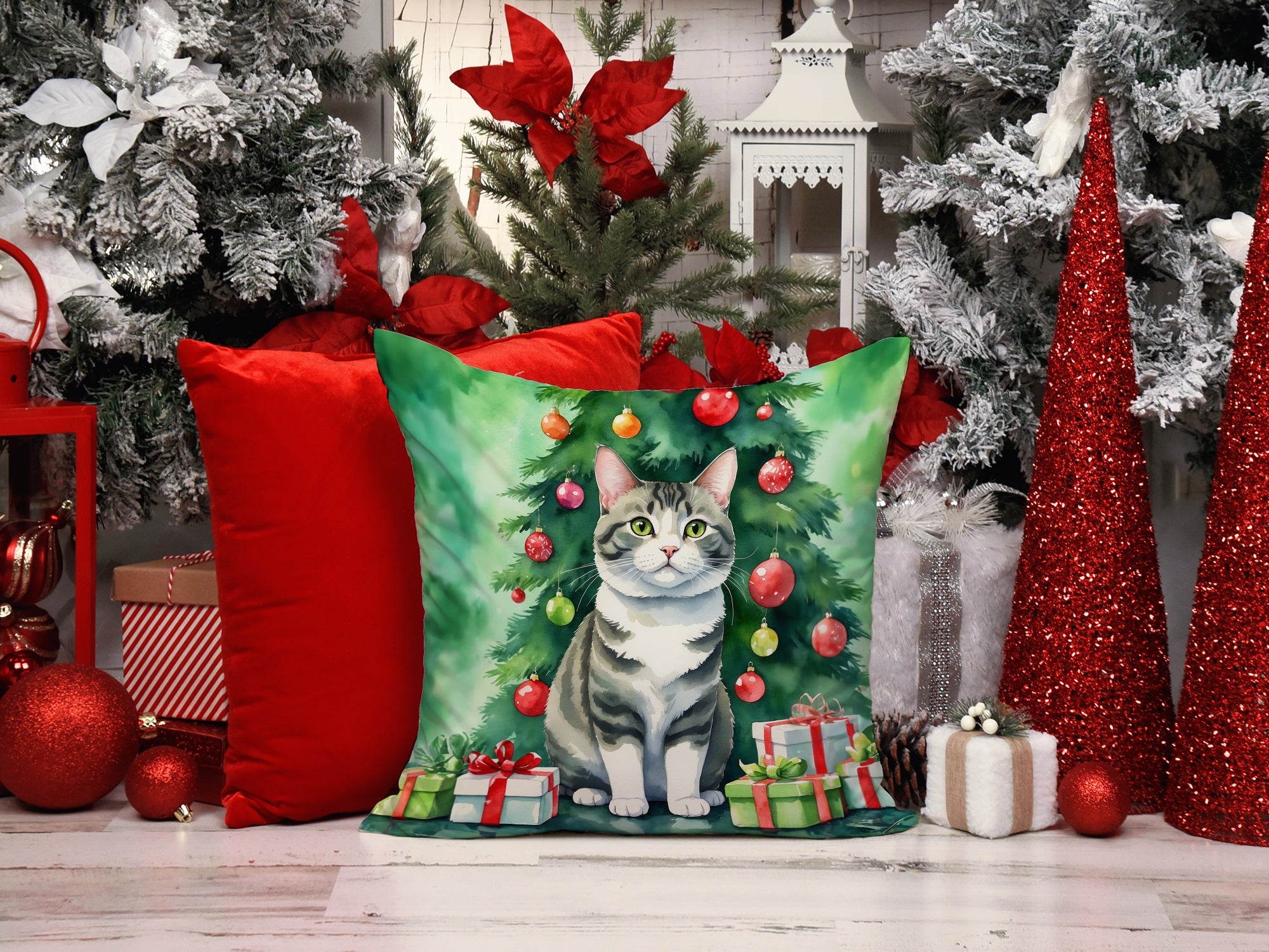 Korean Bobtail Cat By the Christmas Tree Decorative Throw Pillow 18x18 Indoor Outdoor Accent Cushion, Fabric Cover with Insert for Sofa, Bed, Porch & Living Room