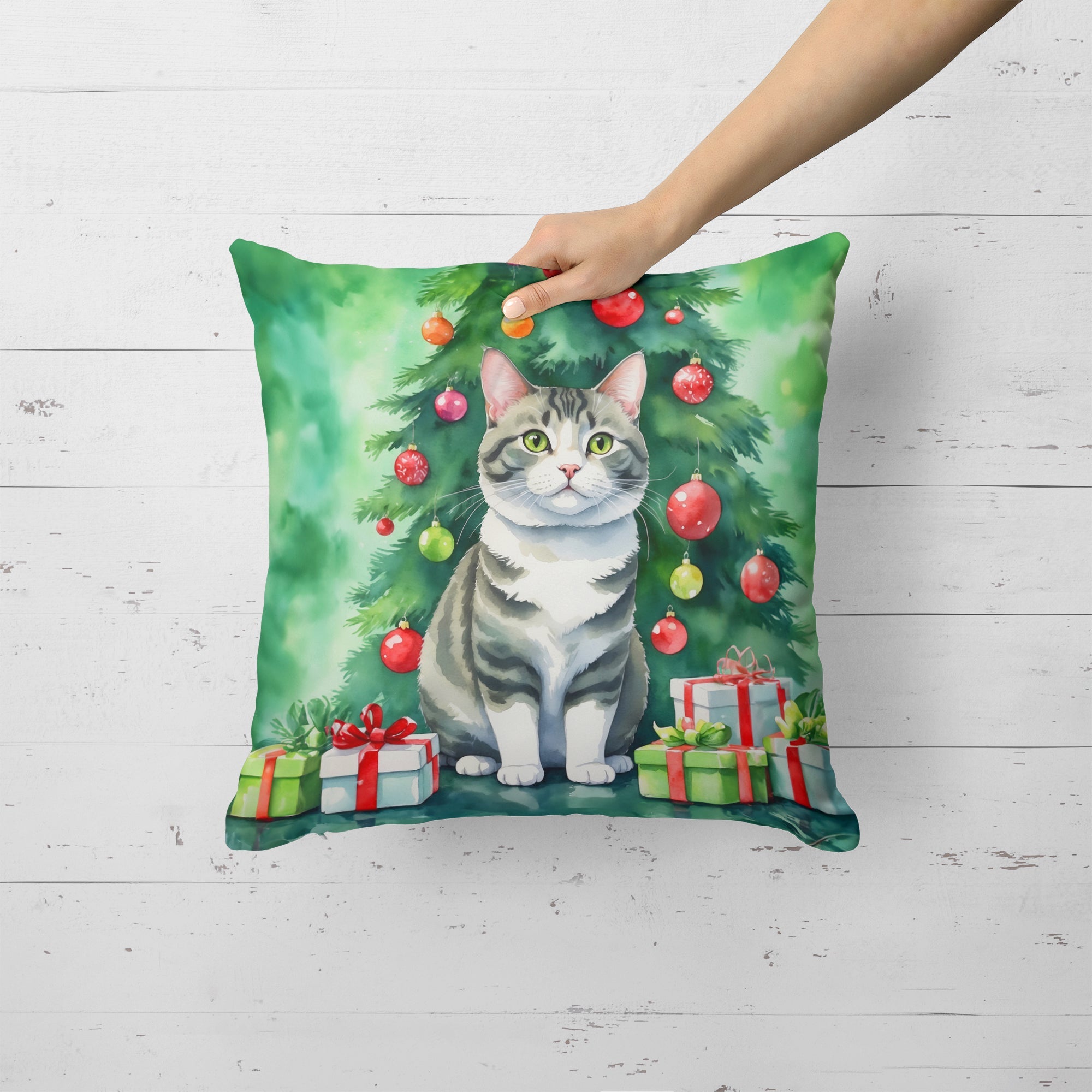 Korean Bobtail Cat By the Christmas Tree Decorative Throw Pillow 18x18 Indoor Outdoor Accent Cushion, Fabric Cover with Insert for Sofa, Bed, Porch & Living Room