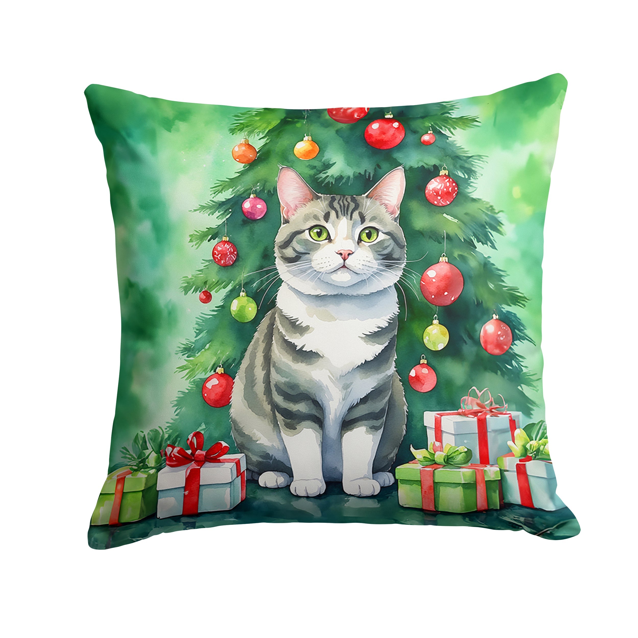 Korean Bobtail Cat By the Christmas Tree Decorative Throw Pillow 18x18 Indoor Outdoor Accent Cushion, Fabric Cover with Insert for Sofa, Bed, Porch & Living Room