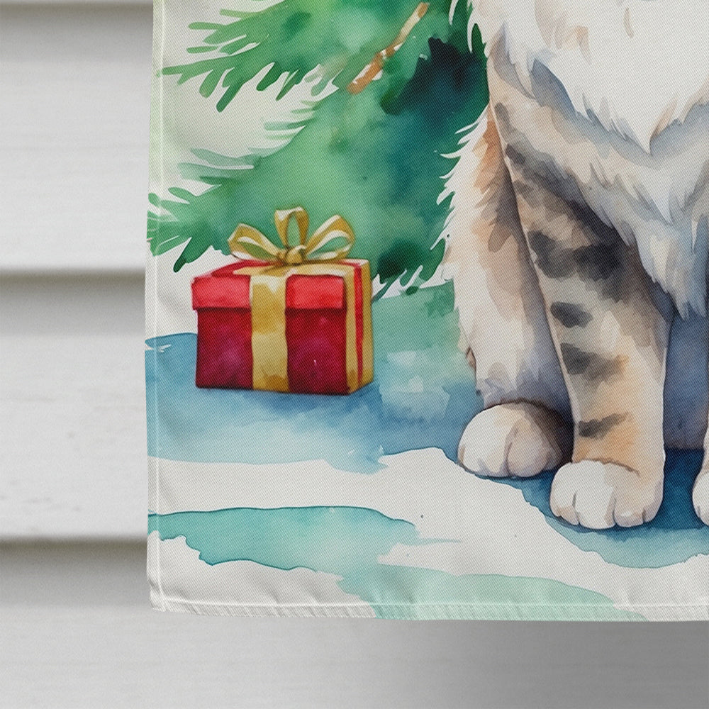 Kurilian Bobtail Cat By the Christmas Tree House Flag 28x40 Porch Sleeve Pole Decorative Outside Yard Banner Artwork Wall Hanging, Polyester