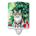 Kurilian Bobtail Cat By the Christmas Tree Ceramic Night Light Compact, UL-Certified, Ideal for Bedroom, Bathroom, Nursery, Hallway, Kitchen, 6x4x3, Multicolor