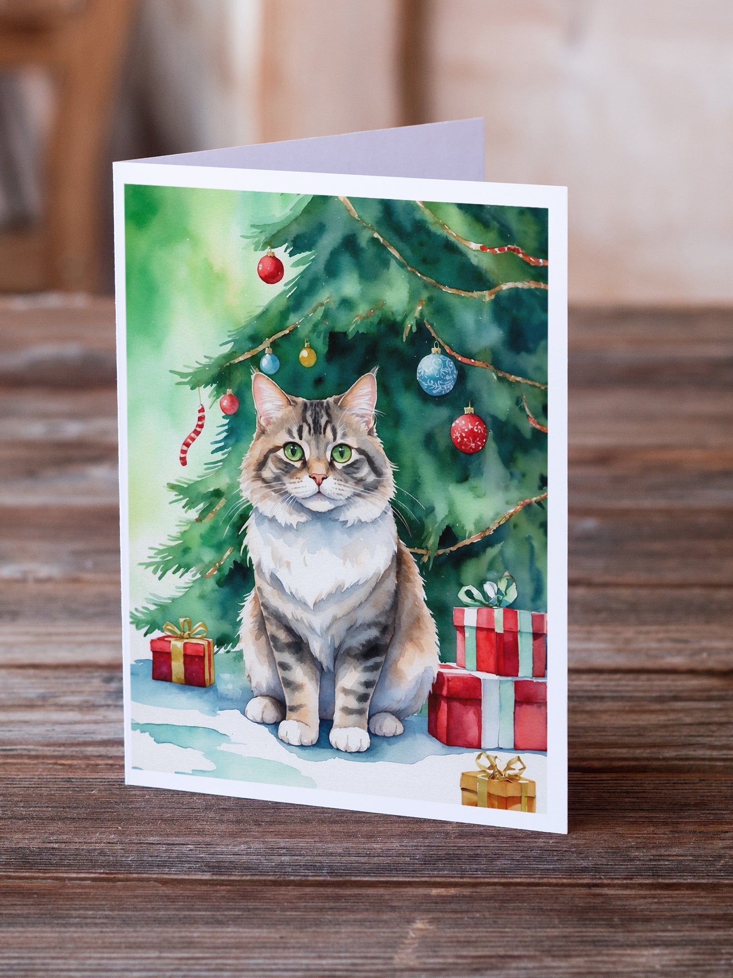 Kurilian Bobtail Cat By the Christmas Tree Greeting Cards Pack of 8 Blank Cards with Envelopes Whimsical A7 Size 5x7
