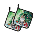 Kurilian Bobtail Cat By the Christmas Tree Pot Holder Set of 2 Heat Resistant Quilted Hot Pads 7.5 x 7.5 Inch, Insulated Kitchen Trivets for Cooking & Baking