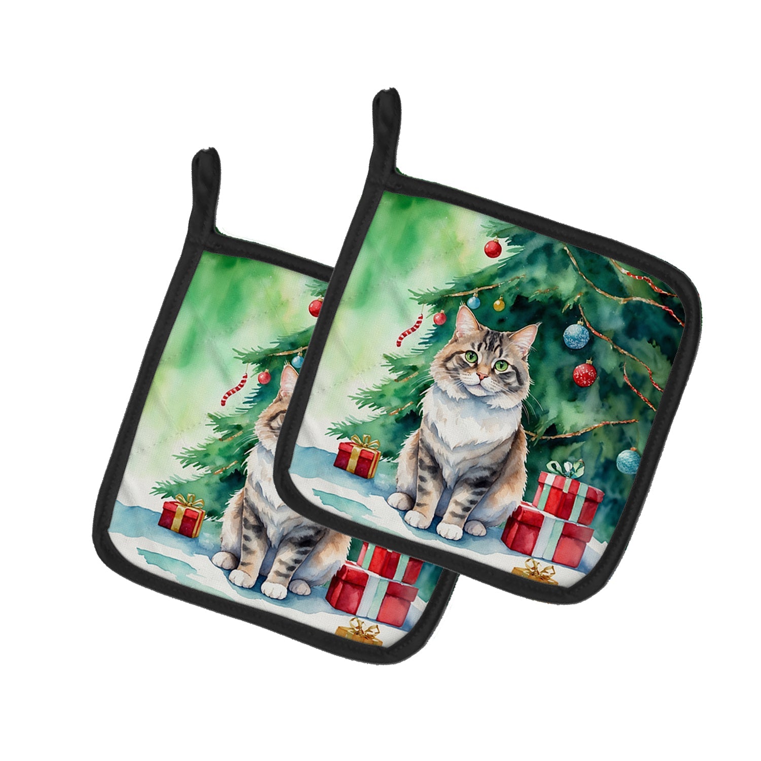 Kurilian Bobtail Cat By the Christmas Tree Pot Holder Set of 2 Heat Resistant Quilted Hot Pads 7.5 x 7.5 Inch, Insulated Kitchen Trivets for Cooking & Baking