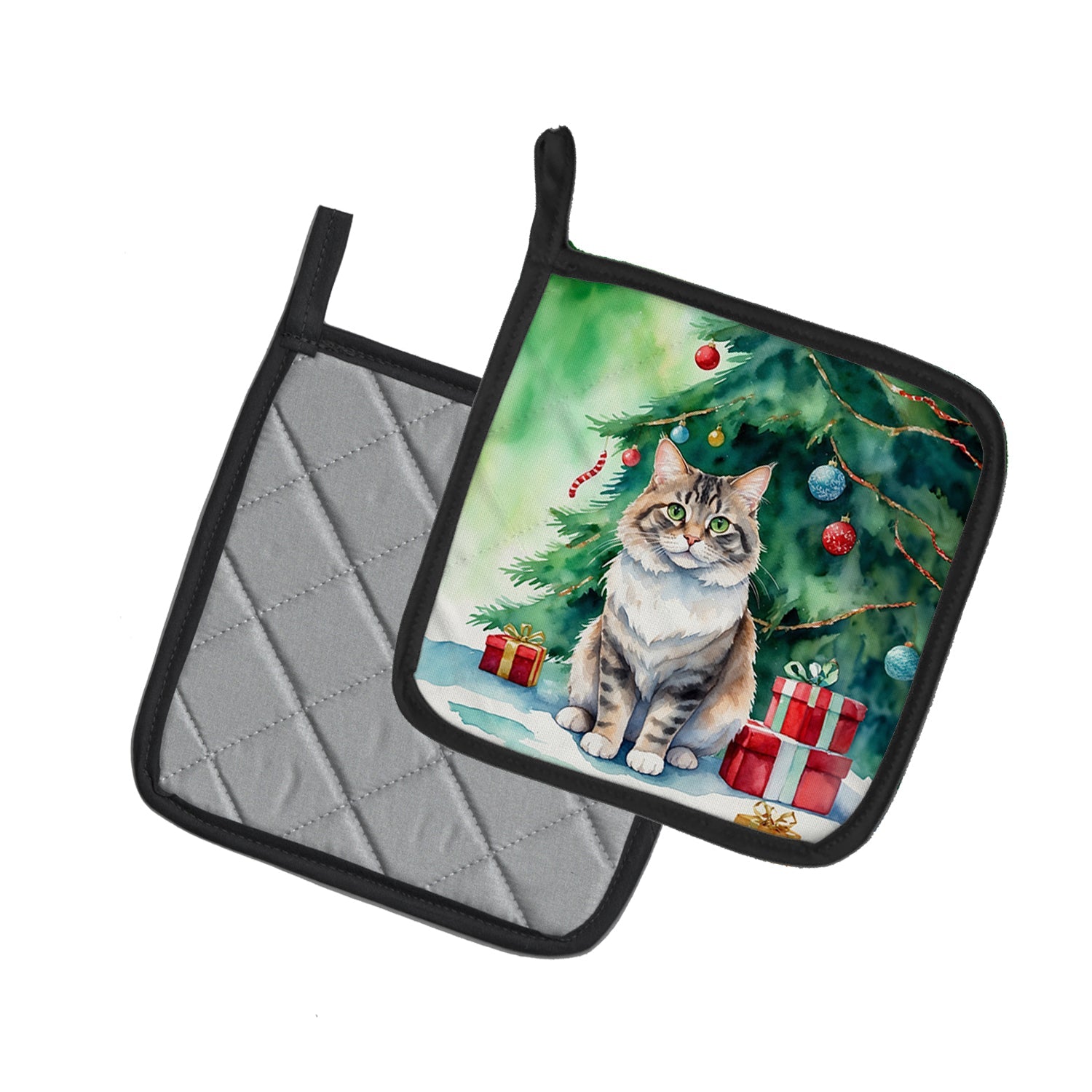 Kurilian Bobtail Cat By the Christmas Tree Pot Holder Set of 2 Heat Resistant Quilted Hot Pads 7.5 x 7.5 Inch, Insulated Kitchen Trivets for Cooking & Baking