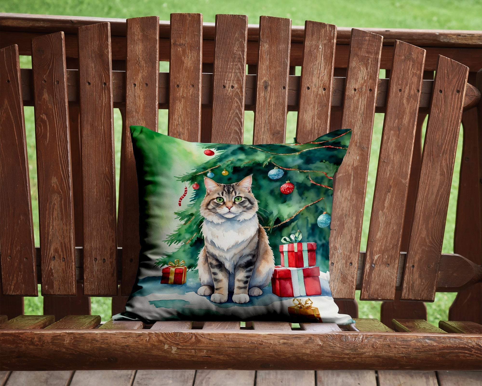 Kurilian Bobtail Cat By the Christmas Tree Decorative Throw Pillow 14x14 Indoor Outdoor Accent Cushion, Fabric Cover with Insert for Sofa, Bed, Porch & Living Room