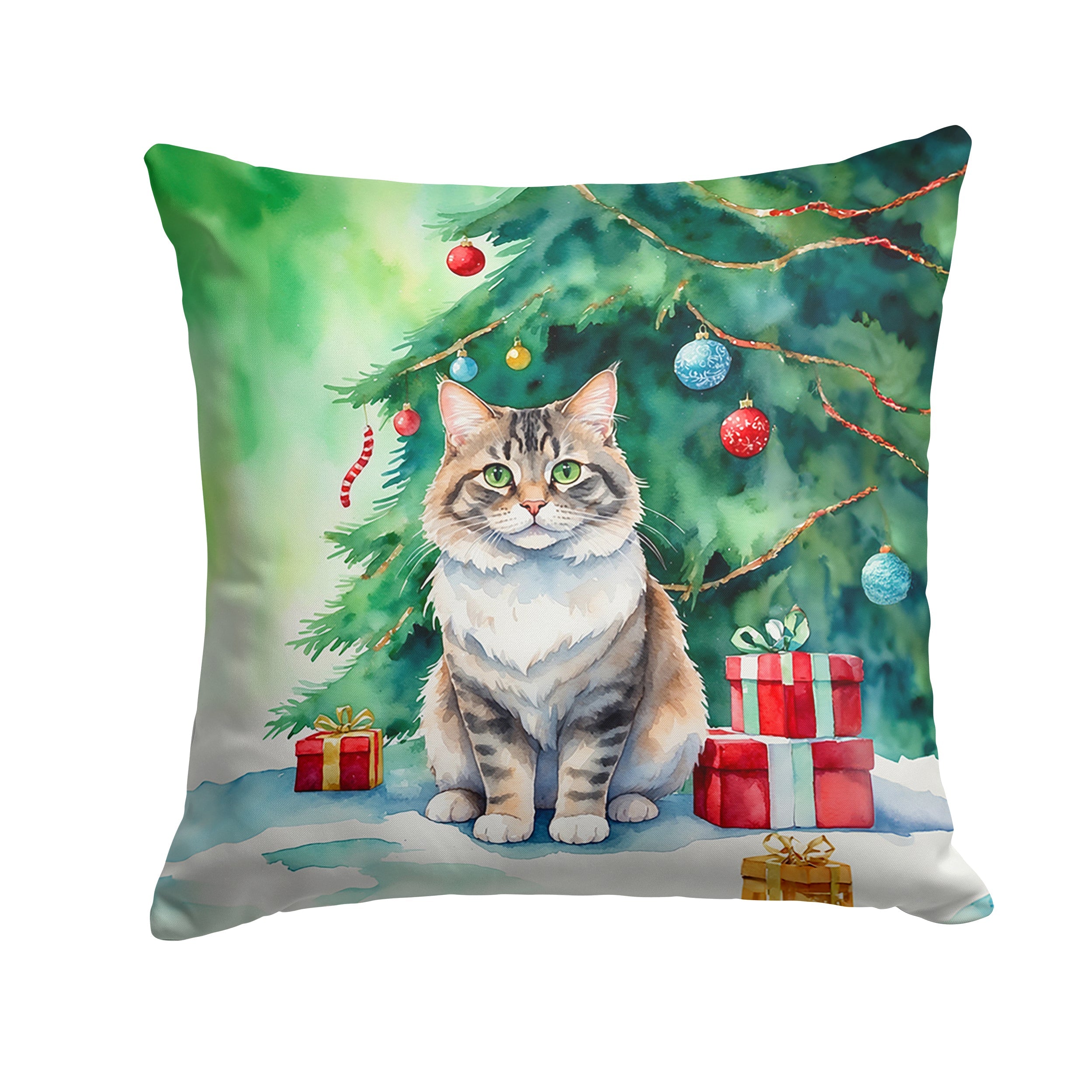 Kurilian Bobtail Cat By the Christmas Tree Decorative Throw Pillow 14x14 Indoor Outdoor Accent Cushion, Fabric Cover with Insert for Sofa, Bed, Porch & Living Room