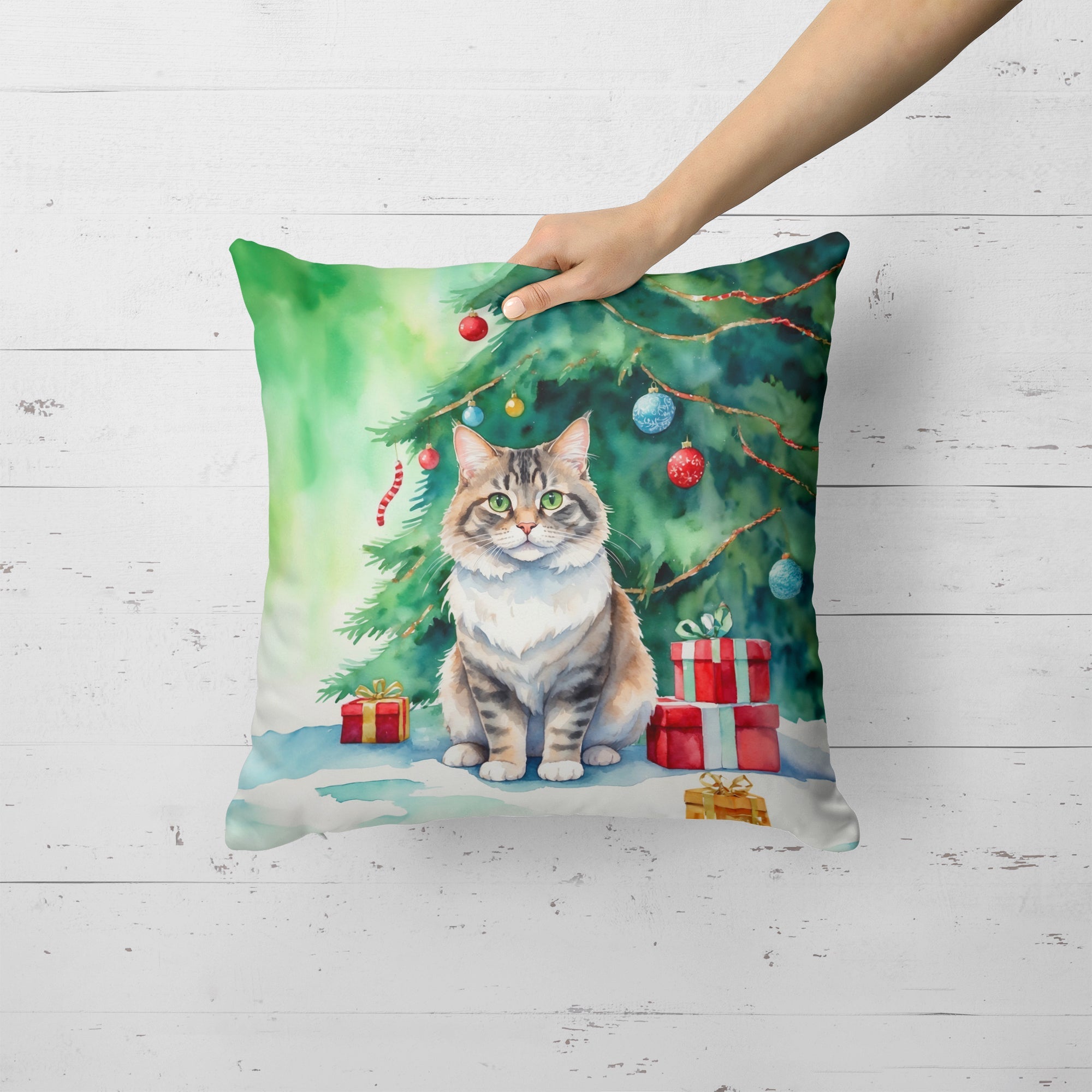 Kurilian Bobtail Cat By the Christmas Tree Decorative Throw Pillow 18x18 Indoor Outdoor Accent Cushion, Fabric Cover with Insert for Sofa, Bed, Porch & Living Room