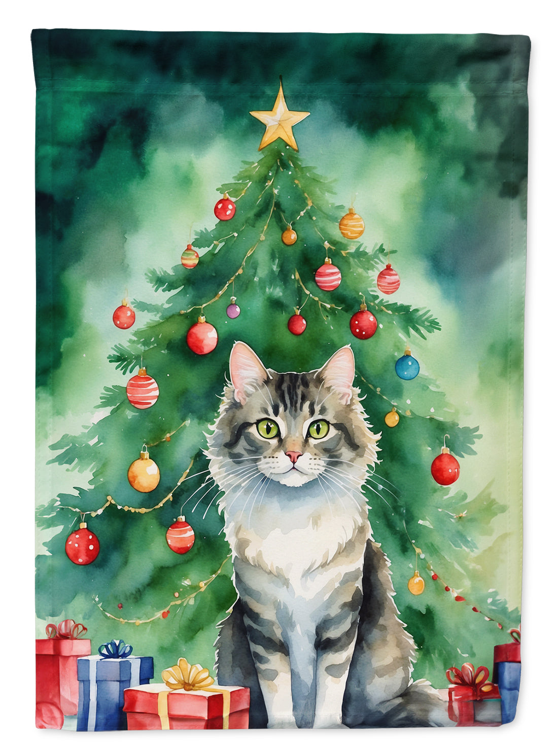 La Perm Cat By the Christmas Tree House Flag 28x40 Porch Sleeve Pole Decorative Outside Yard Banner Artwork Wall Hanging, Polyester