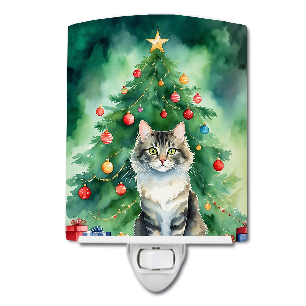 La Perm Cat By the Christmas Tree Ceramic Night Light Compact, UL-Certified, Ideal for Bedroom, Bathroom, Nursery, Hallway, Kitchen, 6x4x3, Multicolor