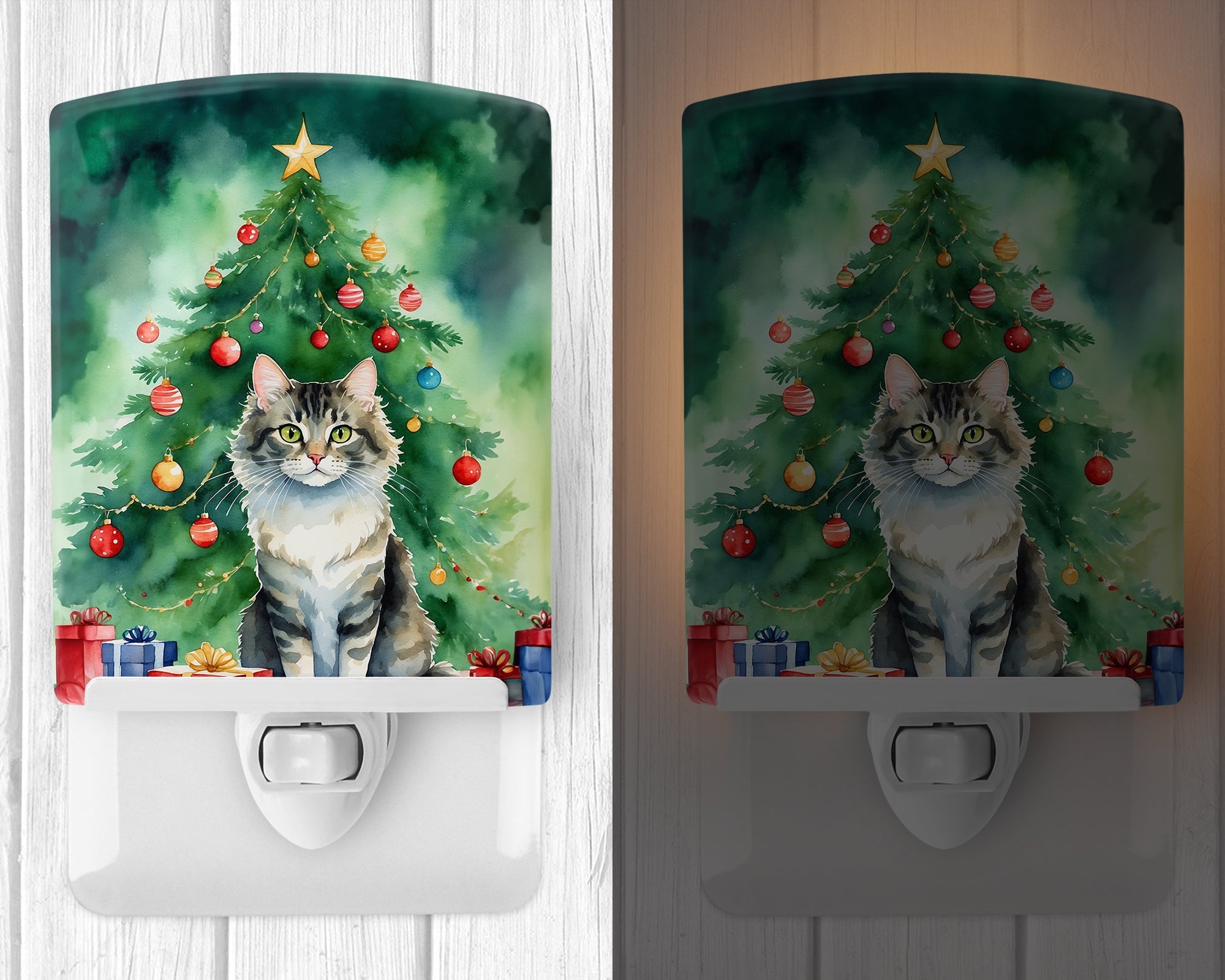 La Perm Cat By the Christmas Tree Ceramic Night Light Compact, UL-Certified, Ideal for Bedroom, Bathroom, Nursery, Hallway, Kitchen, 6x4x3, Multicolor