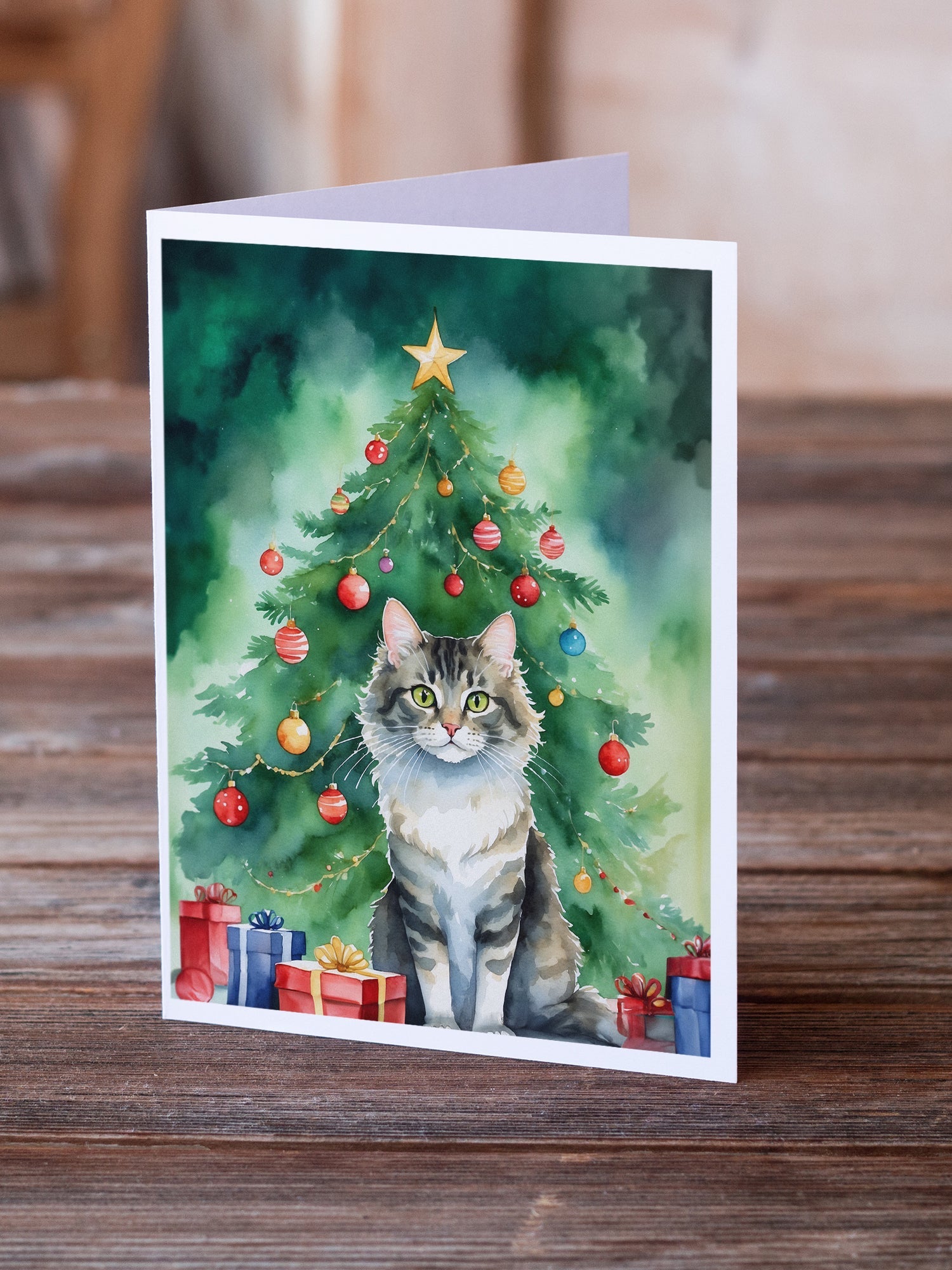 La Perm Cat By the Christmas Tree Greeting Cards Pack of 8 Blank Cards with Envelopes Whimsical A7 Size 5x7