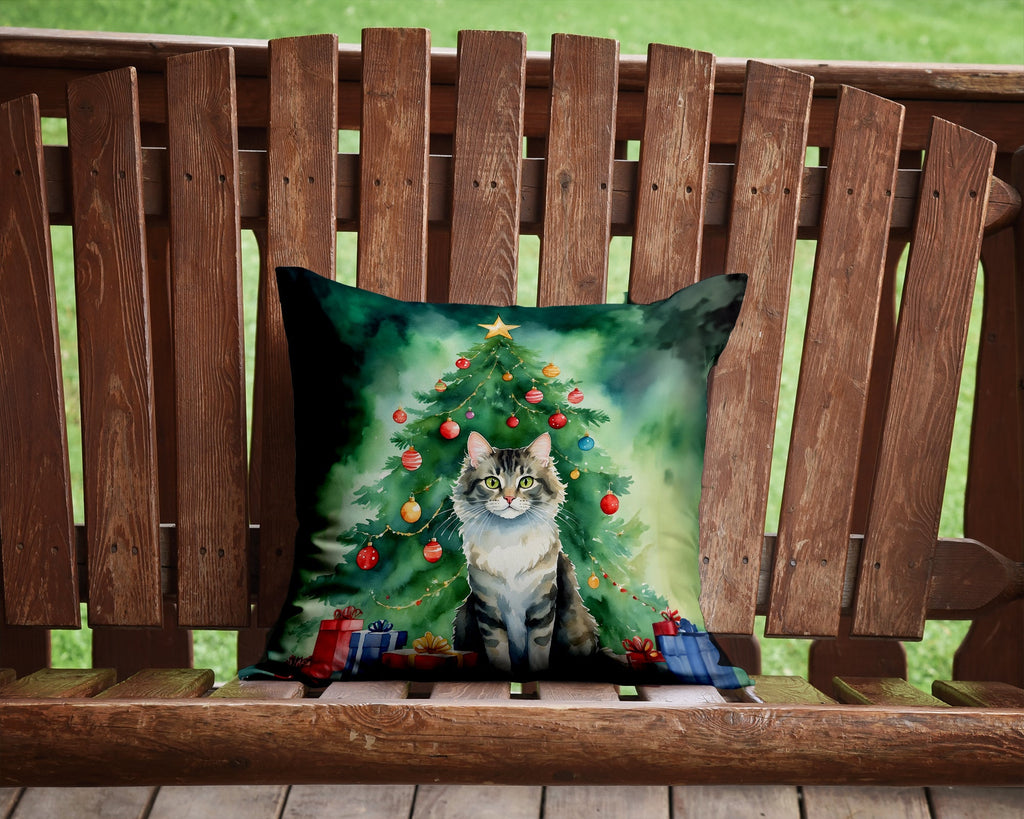 La Perm Cat By the Christmas Tree Decorative Throw Pillow 14x14 Indoor Outdoor Accent Cushion, Fabric Cover with Insert for Sofa, Bed, Porch & Living Room