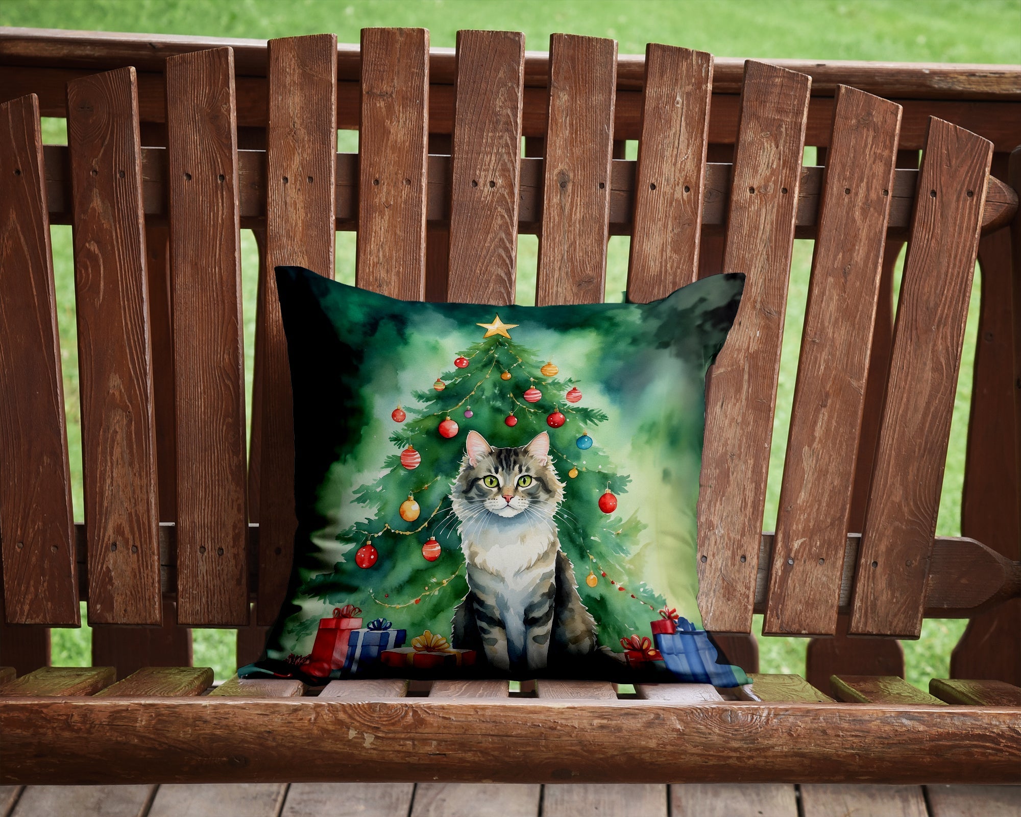 La Perm Cat By the Christmas Tree Decorative Throw Pillow 14x14 Indoor Outdoor Accent Cushion, Fabric Cover with Insert for Sofa, Bed, Porch & Living Room