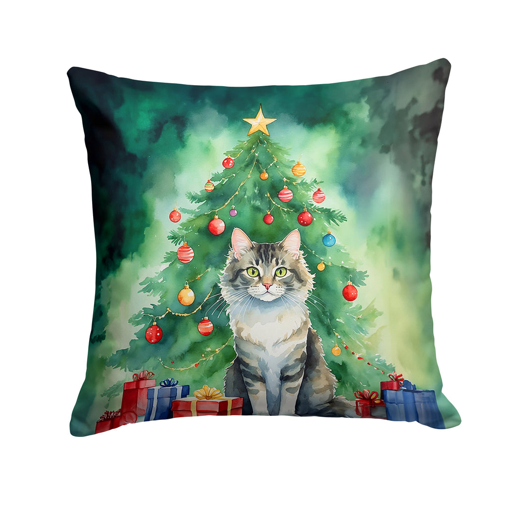 La Perm Cat By the Christmas Tree Decorative Throw Pillow 14x14 Indoor Outdoor Accent Cushion, Fabric Cover with Insert for Sofa, Bed, Porch & Living Room