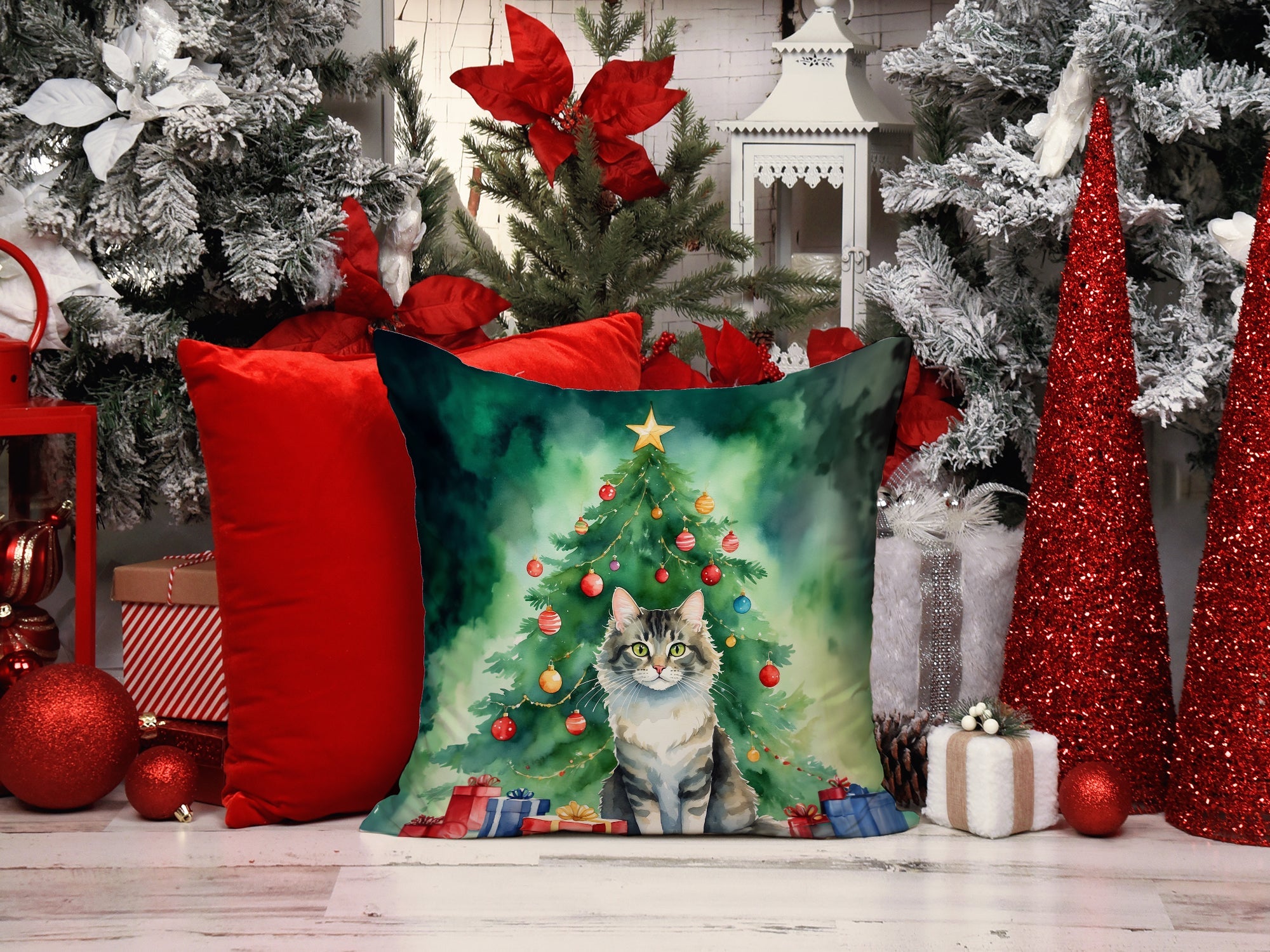 La Perm Cat By the Christmas Tree Decorative Throw Pillow 18x18 Indoor Outdoor Accent Cushion, Fabric Cover with Insert for Sofa, Bed, Porch & Living Room