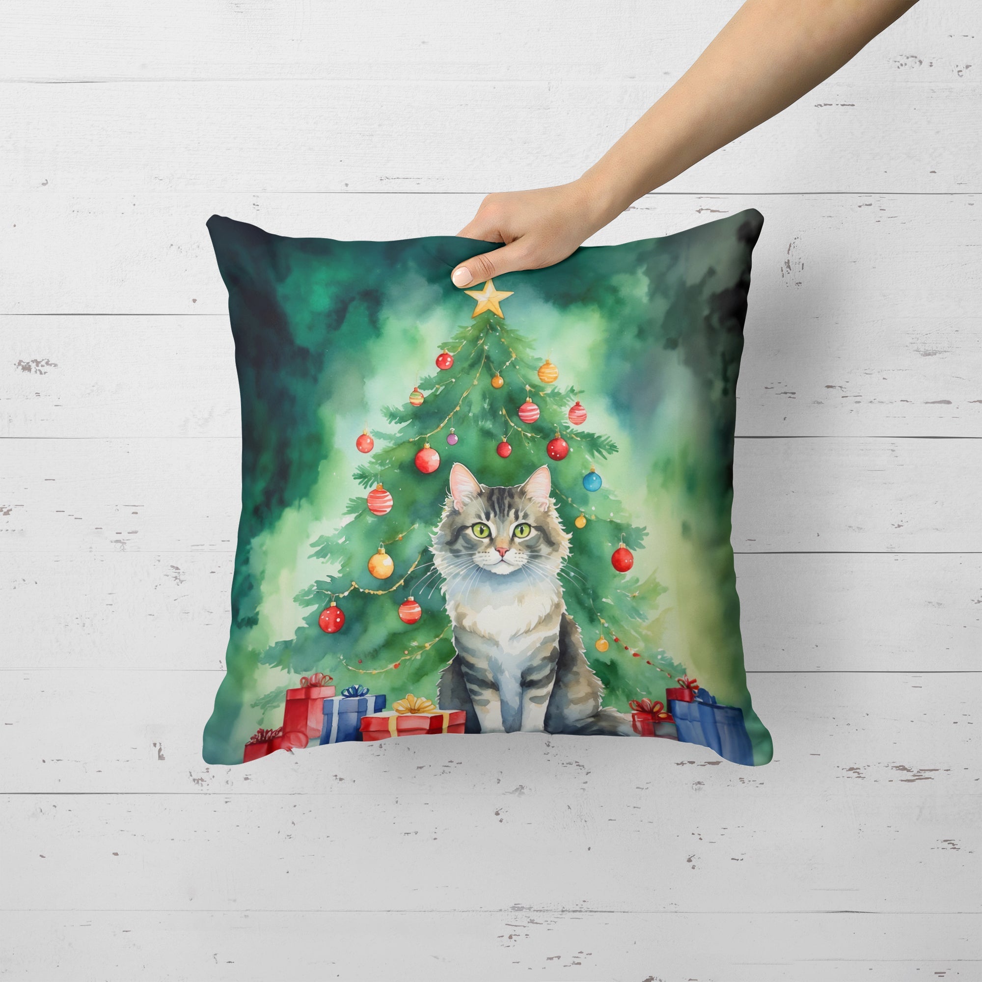 La Perm Cat By the Christmas Tree Decorative Throw Pillow 18x18 Indoor Outdoor Accent Cushion, Fabric Cover with Insert for Sofa, Bed, Porch & Living Room