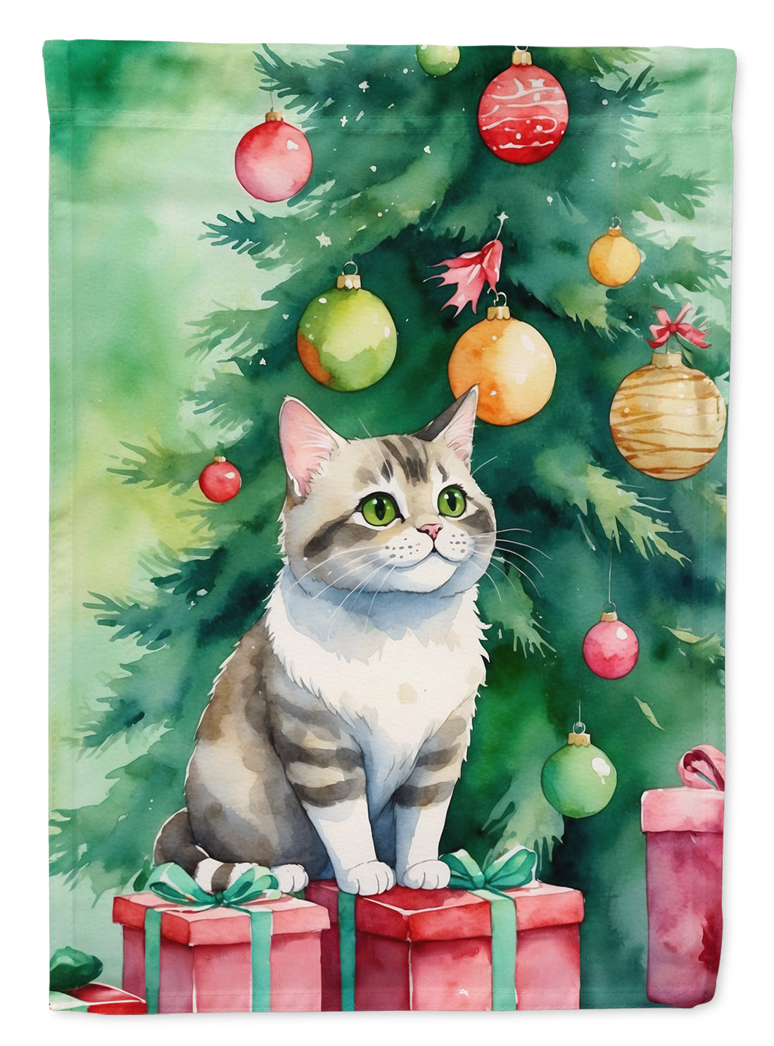 Li Hua Cat By the Christmas Tree House Flag 28x40 Porch Sleeve Pole Decorative Outside Yard Banner Artwork Wall Hanging, Polyester
