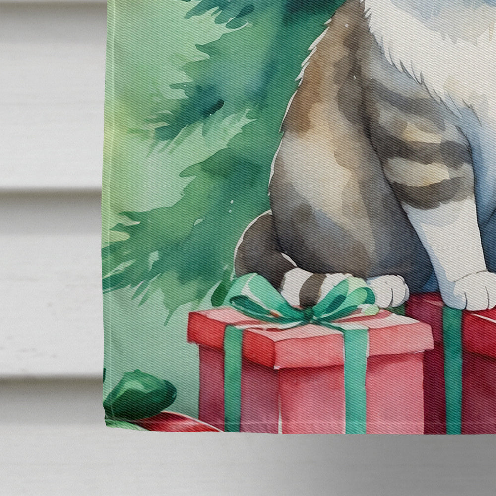 Li Hua Cat By the Christmas Tree House Flag 28x40 Porch Sleeve Pole Decorative Outside Yard Banner Artwork Wall Hanging, Polyester