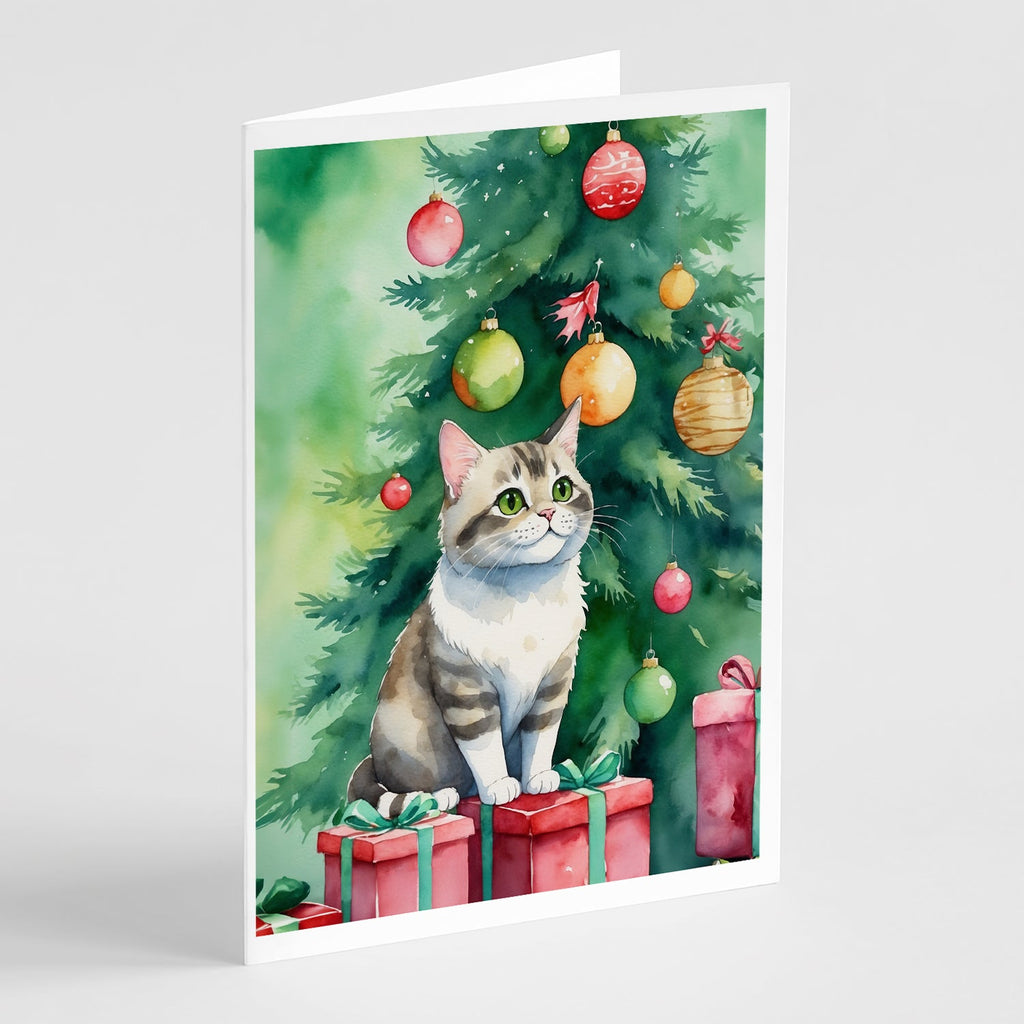 Li Hua Cat By the Christmas Tree Greeting Cards Pack of 8 Blank Cards with Envelopes Whimsical A7 Size 5x7