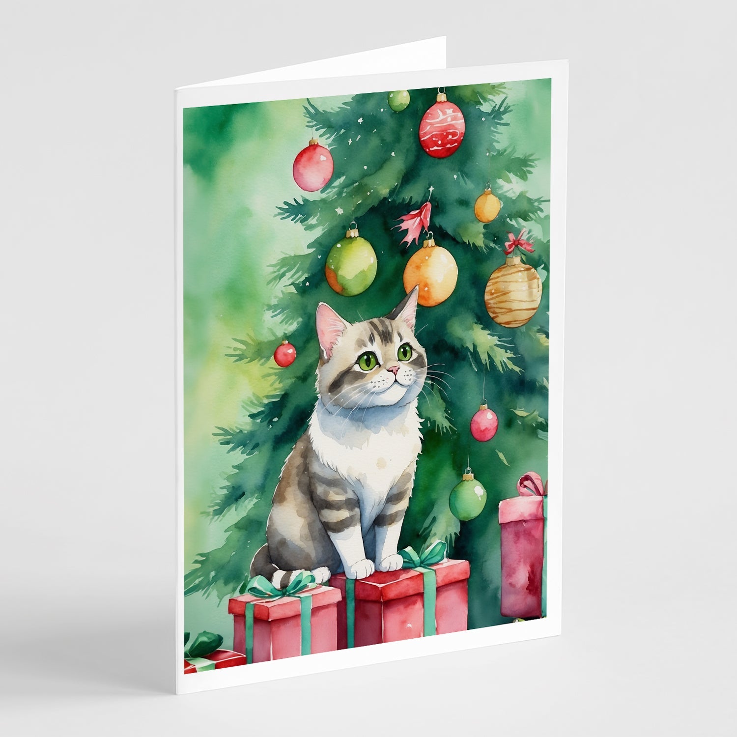 Li Hua Cat By the Christmas Tree Greeting Cards Pack of 8 Blank Cards with Envelopes Whimsical A7 Size 5x7