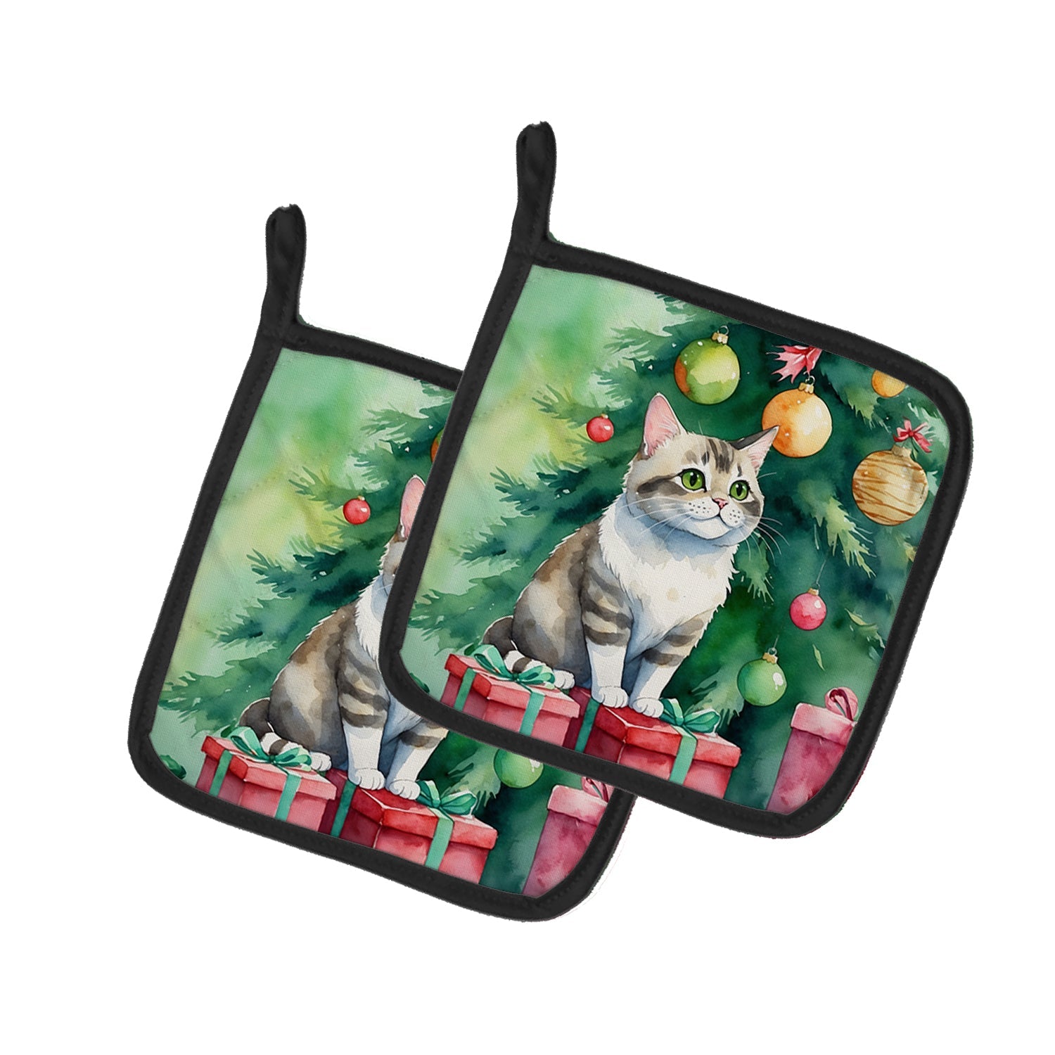 Li Hua Cat By the Christmas Tree Pot Holder Set of 2 Heat Resistant Quilted Hot Pads 7.5 x 7.5 Inch, Insulated Kitchen Trivets for Cooking & Baking