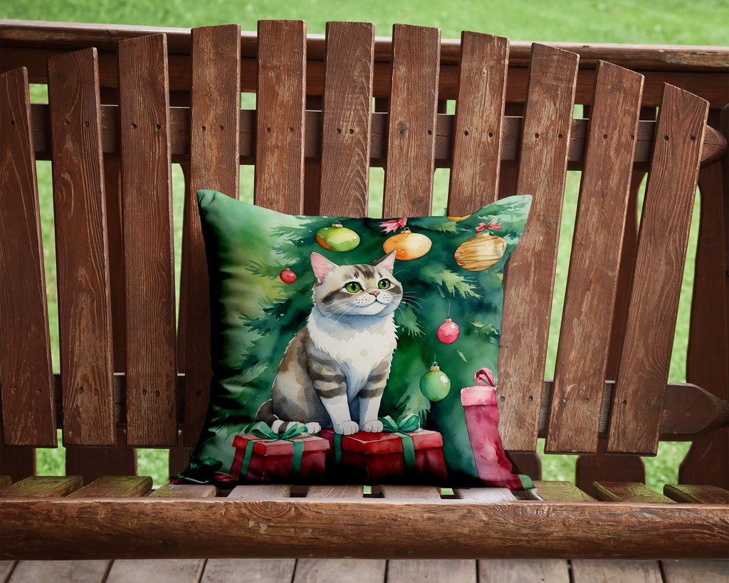 Li Hua Cat By the Christmas Tree Decorative Throw Pillow 14x14 Indoor Outdoor Accent Cushion, Fabric Cover with Insert for Sofa, Bed, Porch & Living Room