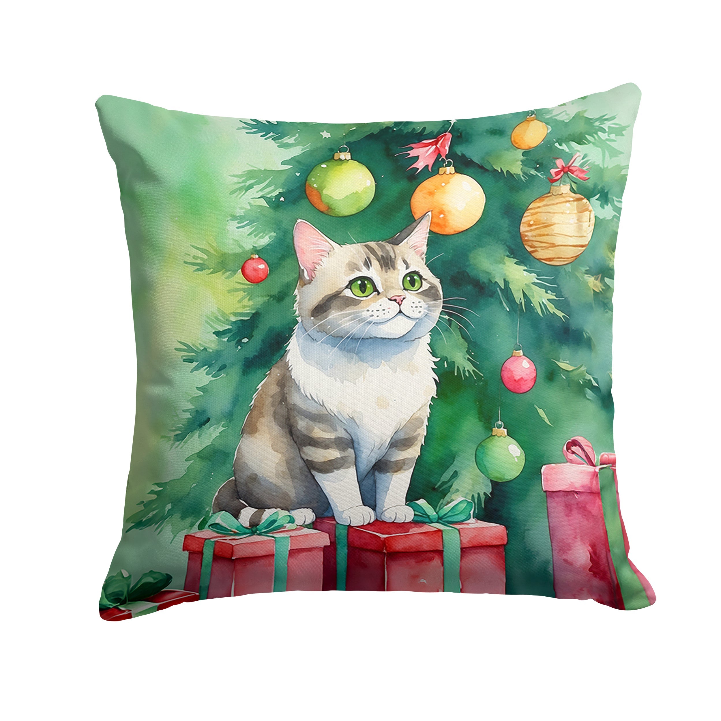 Li Hua Cat By the Christmas Tree Decorative Throw Pillow 14x14 Indoor Outdoor Accent Cushion, Fabric Cover with Insert for Sofa, Bed, Porch & Living Room