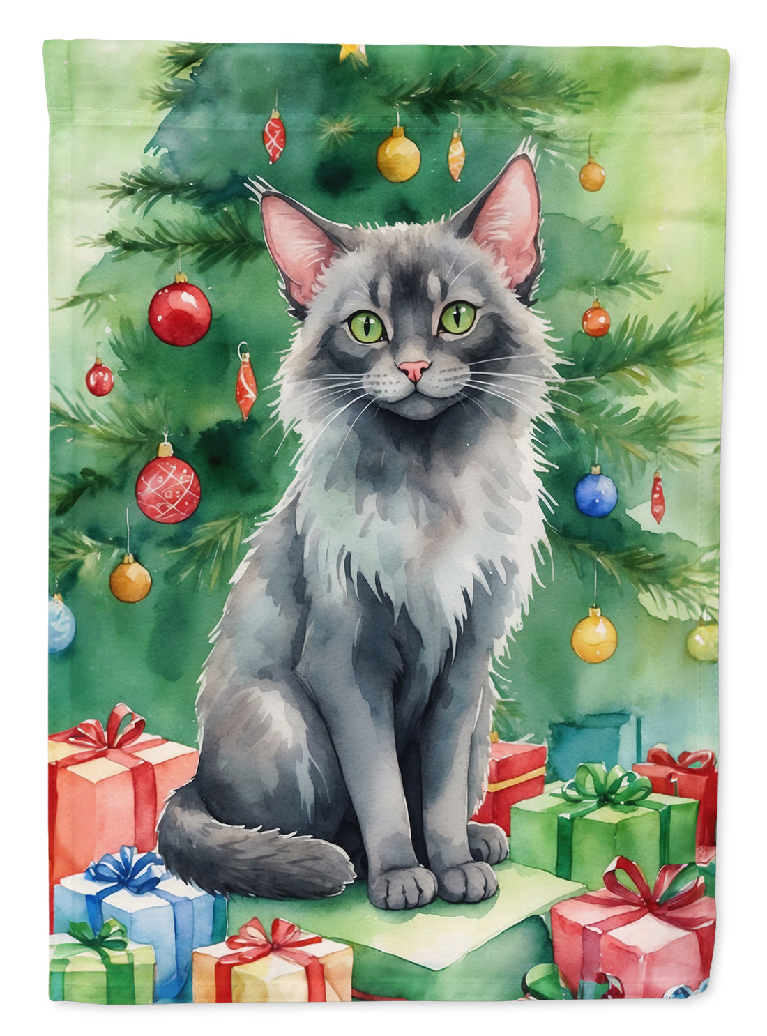 Lykoi Cat By the Christmas Tree House Flag 28x40 Porch Sleeve Pole Decorative Outside Yard Banner Artwork Wall Hanging, Polyester