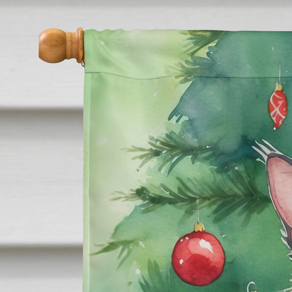 Lykoi Cat By the Christmas Tree House Flag 28x40 Porch Sleeve Pole Decorative Outside Yard Banner Artwork Wall Hanging, Polyester