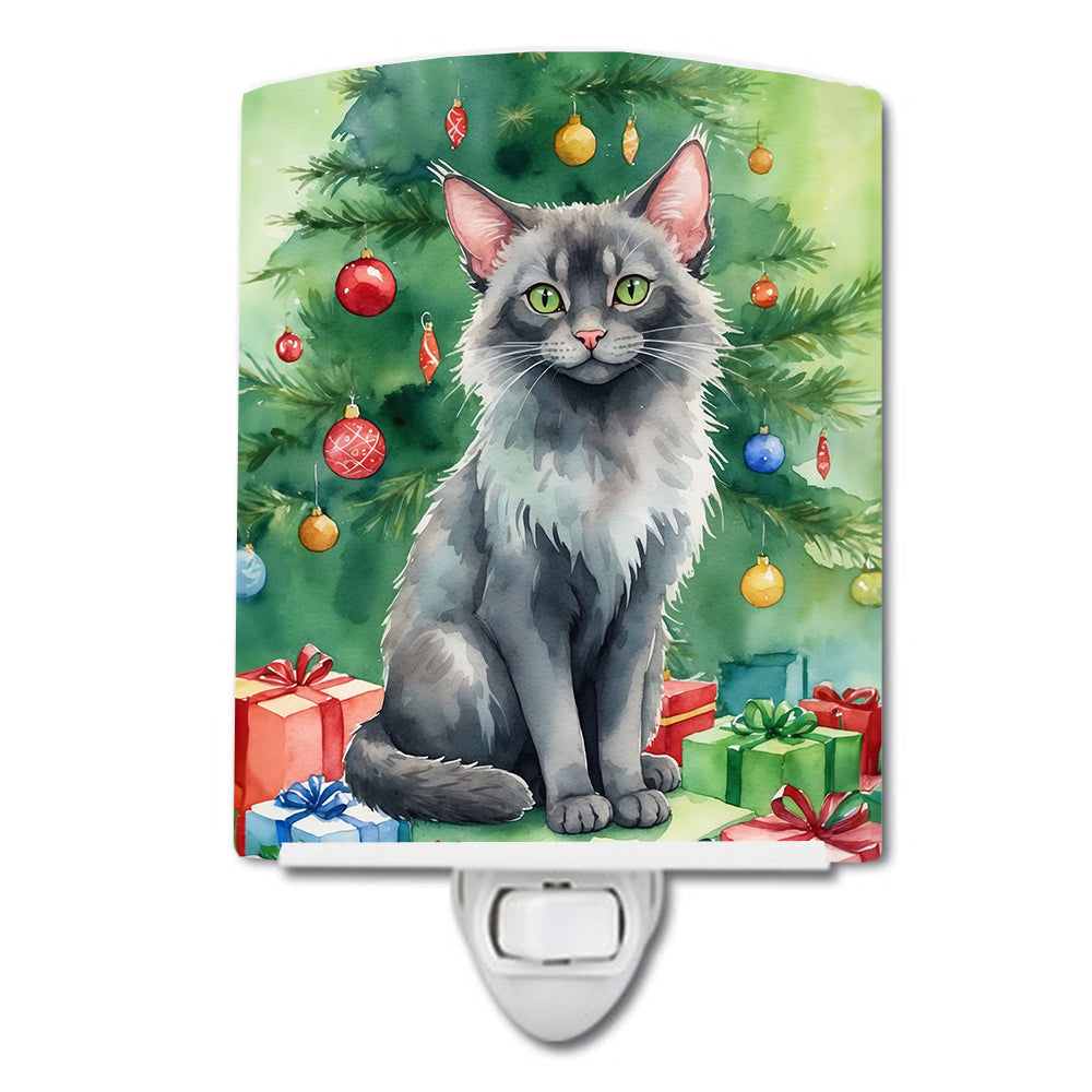Lykoi Cat By the Christmas Tree Ceramic Night Light Compact, UL-Certified, Ideal for Bedroom, Bathroom, Nursery, Hallway, Kitchen, 6x4x3, Multicolor