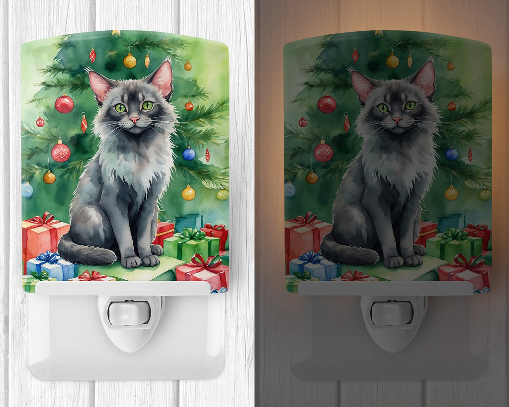 Lykoi Cat By the Christmas Tree Ceramic Night Light Compact, UL-Certified, Ideal for Bedroom, Bathroom, Nursery, Hallway, Kitchen, 6x4x3, Multicolor