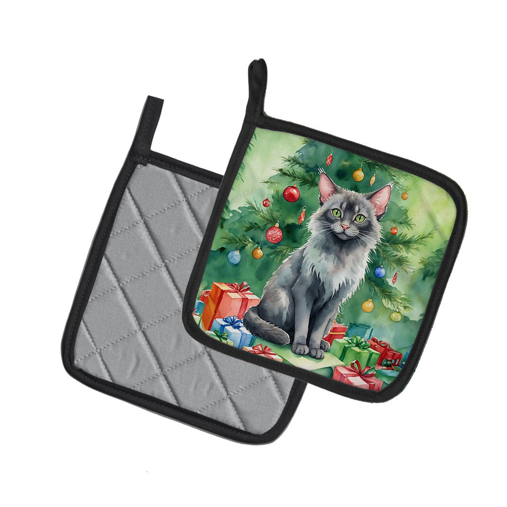 Lykoi Cat By the Christmas Tree Pot Holder Set of 2 Heat Resistant Quilted Hot Pads 7.5 x 7.5 Inch, Insulated Kitchen Trivets for Cooking & Baking