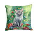 Lykoi Cat By the Christmas Tree Decorative Throw Pillow 14x14 Indoor Outdoor Accent Cushion, Fabric Cover with Insert for Sofa, Bed, Porch & Living Room