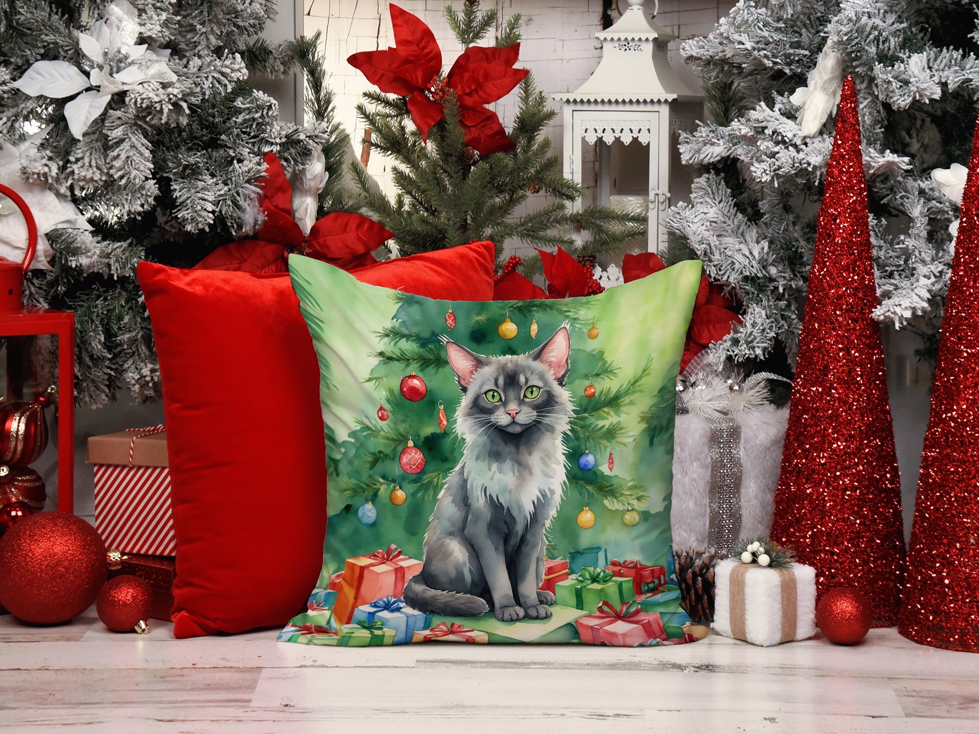 Lykoi Cat By the Christmas Tree Decorative Throw Pillow 18x18 Indoor Outdoor Accent Cushion, Fabric Cover with Insert for Sofa, Bed, Porch & Living Room