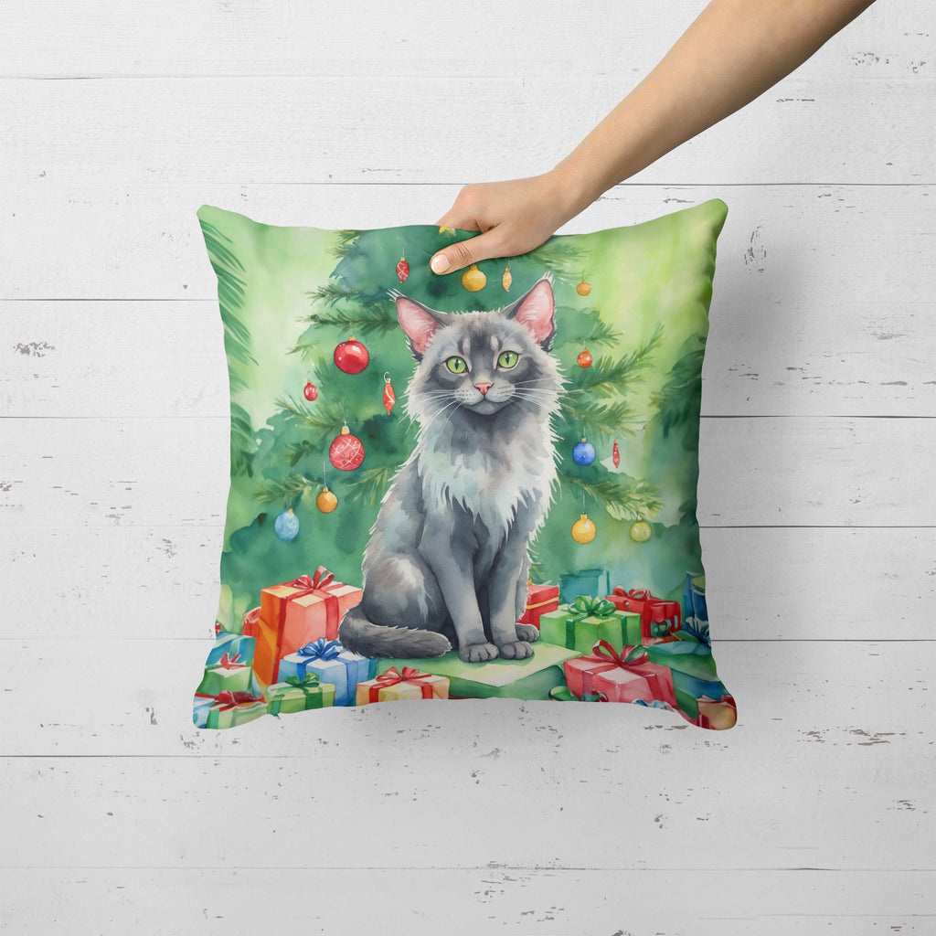 Lykoi Cat By the Christmas Tree Decorative Throw Pillow 18x18 Indoor Outdoor Accent Cushion, Fabric Cover with Insert for Sofa, Bed, Porch & Living Room