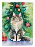 MaineCoon Cat By the Christmas Tree House Flag 28x40 Porch Sleeve Pole Decorative Outside Yard Banner Artwork Wall Hanging, Polyester