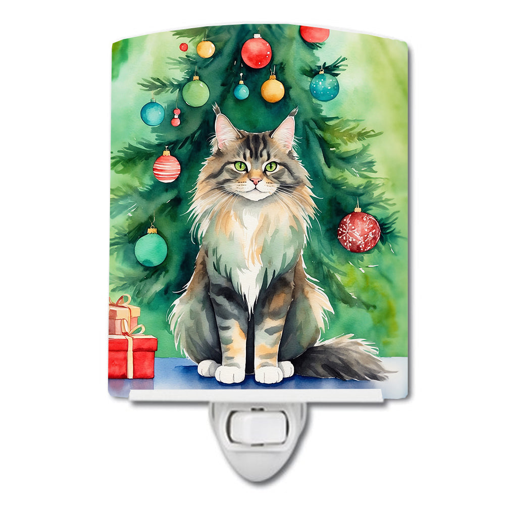 MaineCoon Cat By the Christmas Tree Ceramic Night Light Compact, UL-Certified, Ideal for Bedroom, Bathroom, Nursery, Hallway, Kitchen, 6x4x3, Multicolor
