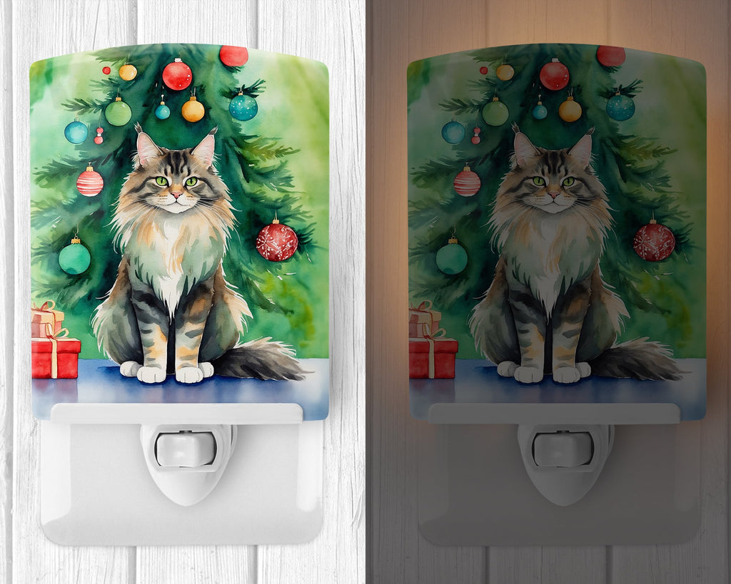 MaineCoon Cat By the Christmas Tree Ceramic Night Light Compact, UL-Certified, Ideal for Bedroom, Bathroom, Nursery, Hallway, Kitchen, 6x4x3, Multicolor