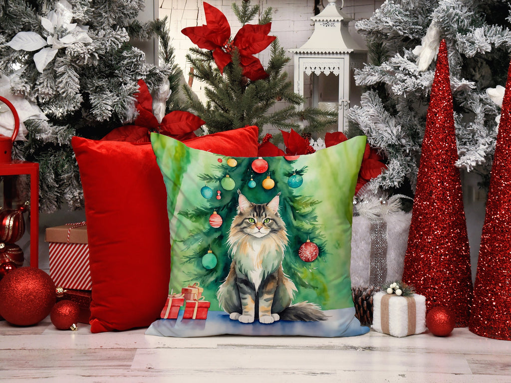 MaineCoon Cat By the Christmas Tree Decorative Throw Pillow 18x18 Indoor Outdoor Accent Cushion, Fabric Cover with Insert for Sofa, Bed, Porch & Living Room