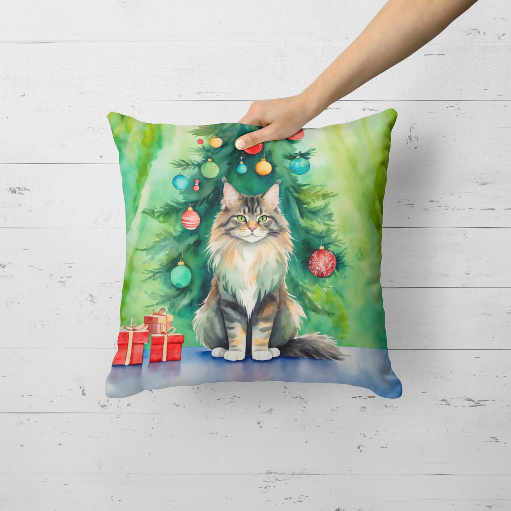 MaineCoon Cat By the Christmas Tree Decorative Throw Pillow 18x18 Indoor Outdoor Accent Cushion, Fabric Cover with Insert for Sofa, Bed, Porch & Living Room