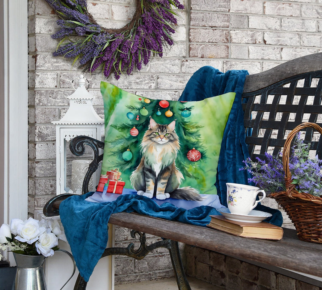 MaineCoon Cat By the Christmas Tree Decorative Throw Pillow 18x18 Indoor Outdoor Accent Cushion, Fabric Cover with Insert for Sofa, Bed, Porch & Living Room