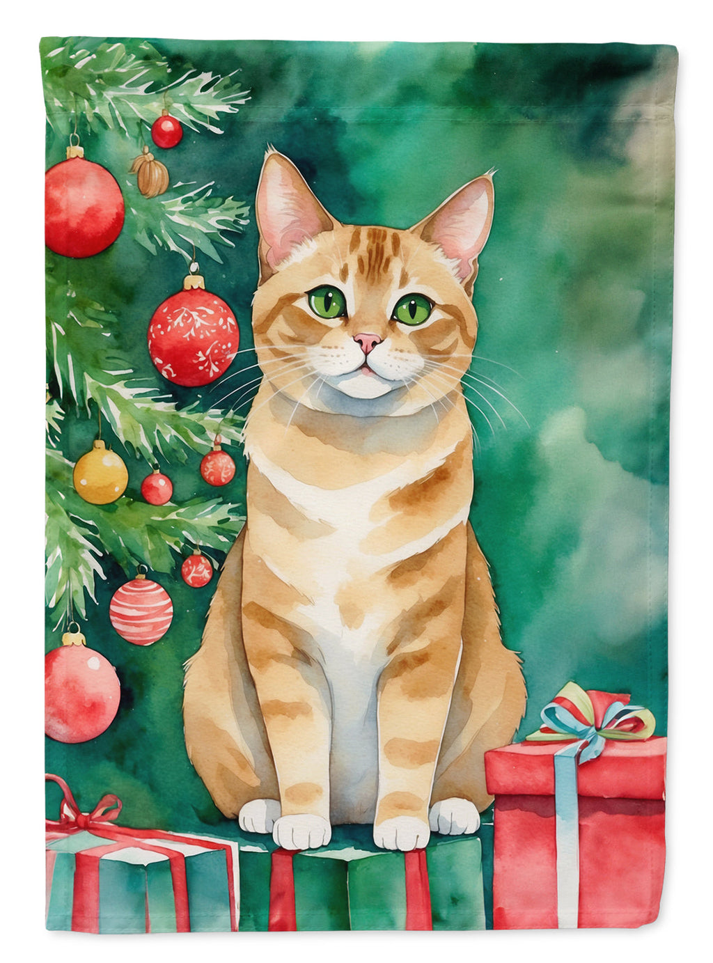 Malayan Cat By the Christmas Tree House Flag 28x40 Porch Sleeve Pole Decorative Outside Yard Banner Artwork Wall Hanging, Polyester