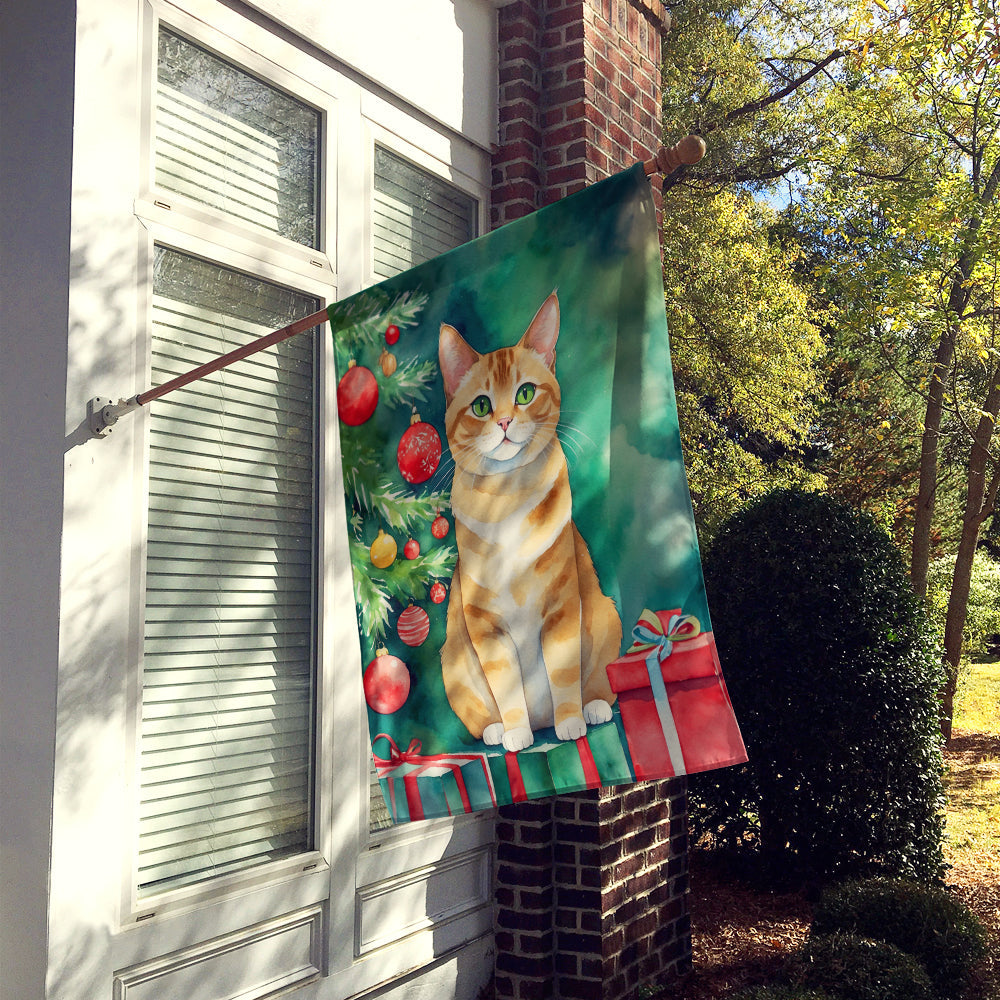 Malayan Cat By the Christmas Tree House Flag 28x40 Porch Sleeve Pole Decorative Outside Yard Banner Artwork Wall Hanging, Polyester
